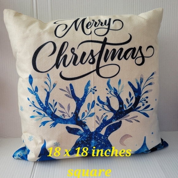 Merry Christmas, Blue Reindeer Decor  Pillow . 18 X 18 - Picture 3 of 3